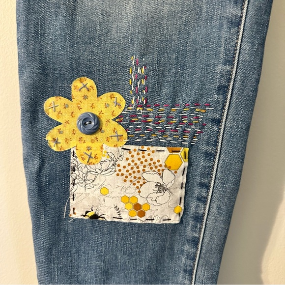 Old Navy up cycled mixed media Boho jeans with Bee Patches, 00AK Size 14, - Picture 3 of 9